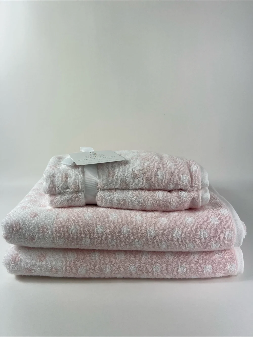 Deborah Connolly Towel Set Pink White Polka Dot Plush Super Soft 4 Pc Set NEW